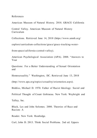 References
American Museum of Natural History. 2018. GRACE California
Central Valley. American Museum of Natural History
Curriculum
Collections. Retrieved June 14, 2018 (https://www.amnh.org/
explore/curriculum-collections/grace/grace-tracking-water-
from-space/california-central-valley).
American Psychological Association (APA). 2008. “Answers to
Your
Questions: For a Better Understanding of Sexual Orientation
and
Homosexuality.” Washington, DC. Retrieved June 13, 2018
(http://www.apa.org/topics/sexuality/orientation.aspx).
Biddiss, Michael D. 1970. Father of Racist Ideology: Social and
Political Thought of Count Gobineau. New York: Weybright and
Talley, Inc.
Black, Les and John Solomos. 2000. Theories of Race and
Racism: A
Reader. New York: Routledge.
Carl, John D. 2013. Think Social Problems. 2nd ed. Uppers
 
