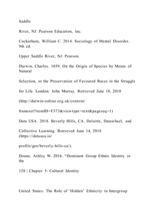 Saddle
River, NJ: Pearson Education, Inc.
Cockerham, William C. 2014. Sociology of Mental Disorder.
9th ed.
Upper Saddle River, NJ: Pearson.
Darwin, Charles. 1859. On the Origin of Species by Means of
Natural
Selection, or the Preservation of Favoured Races in the Struggle
for Life. London: John Murray. Retrieved June 18, 2018
(http://darwin-online.org.uk/content/
frameset?itemID=F373&viewtype=text&pageseq=1)
Data USA. 2018. Beverly Hills, CA. Deloitte, Datawheel, and
Collective Learning. Retrieved June 14, 2018
(https://datausa.io/
profile/geo/beverly-hills-ca/).
Doane, Ashley W. 2016. “Dominant Group Ethnic Identity in
the
128 | Chapter 5: Cultural Identity
United States: The Role of ‘Hidden’ Ethnicity in Intergroup
 