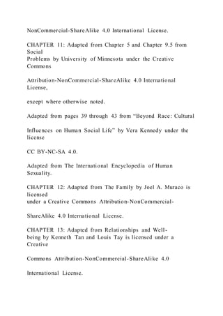 NonCommercial-ShareAlike 4.0 International License.
CHAPTER 11: Adapted from Chapter 5 and Chapter 9.5 from
Social
Problems by University of Minnesota under the Creative
Commons
Attribution-NonCommercial-ShareAlike 4.0 International
License,
except where otherwise noted.
Adapted from pages 39 through 43 from “Beyond Race: Cultural
Influences on Human Social Life” by Vera Kennedy under the
license
CC BY-NC-SA 4.0.
Adapted from The International Encyclopedia of Human
Sexuality.
CHAPTER 12: Adapted from The Family by Joel A. Muraco is
licensed
under a Creative Commons Attribution-NonCommercial-
ShareAlike 4.0 International License.
CHAPTER 13: Adapted from Relationships and Well-
being by Kenneth Tan and Louis Tay is licensed under a
Creative
Commons Attribution-NonCommercial-ShareAlike 4.0
International License.
 