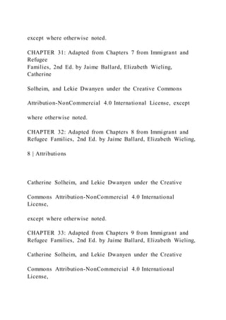 except where otherwise noted.
CHAPTER 31: Adapted from Chapters 7 from Immigrant and
Refugee
Families, 2nd Ed. by Jaime Ballard, Elizabeth Wieling,
Catherine
Solheim, and Lekie Dwanyen under the Creative Commons
Attribution-NonCommercial 4.0 International License, except
where otherwise noted.
CHAPTER 32: Adapted from Chapters 8 from Immigrant and
Refugee Families, 2nd Ed. by Jaime Ballard, Elizabeth Wieling,
8 | Attributions
Catherine Solheim, and Lekie Dwanyen under the Creative
Commons Attribution-NonCommercial 4.0 International
License,
except where otherwise noted.
CHAPTER 33: Adapted from Chapters 9 from Immigrant and
Refugee Families, 2nd Ed. by Jaime Ballard, Elizabeth Wieling,
Catherine Solheim, and Lekie Dwanyen under the Creative
Commons Attribution-NonCommercial 4.0 International
License,
 