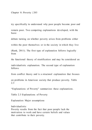 Chapter 8: Poverty | 203
try specifically to understand why poor people become poor and
remain poor. Two competing explanations developed, with the
basic
debate turning on whether poverty arises from problems either
within the poor themselves or in the society in which they live
(Rank, 2011). The first type of explanation follows logically
from
the functional theory of stratification and may be considered an
individualistic explanation. The second type of explanation
follows
from conflict theory and is a structural explanation that focuses
on problems in American society that produce poverty. Table
2.3
“Explanations of Poverty” summarizes these explanations.
Table 2.3 Explanations of Poverty
Explanation Major assumptions
Individualistic
Poverty results from the fact that poor people lack the
motivation to work and have certain beliefs and values
that contribute to their poverty.
 