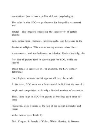 occupations (social work, public defense, psychology).
The point is that SDO—a preference for inequality as normal
and
natural—also predicts endorsing the superiority of certain
groups:
men, native-born residents, heterosexuals, and believers in the
dominant religion. This means seeing women, minorities,
homosexuals, and non-believers as inferior. Understandably, the
first list of groups tend to score higher on SDO, while the
second
group tends to score lower. For example, the SDO gender
difference
(men higher, women lower) appears all over the world.
At its heart, SDO rests on a fundamental belief that the world is
tough and competitive with only a limited number of resources.
Thus, those high in SDO see groups as battling each other for
these
resources, with winners at the top of the social hierarchy and
losers
at the bottom (see Table 1).
264 | Chapter 9: People of Color, White Identity, & Women
 