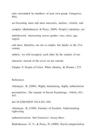 only surrounded by members of your own group. Categories,
then,
are becoming more and more uncertain, unclear, volatile, and
complex (Bodenhausen & Peery, 2009). People’s identities are
multifaceted, intersecting across gender, race, class, age,
region,
and more. Identities are not so simple, but maybe as the 21st
century
unfurls, we will recognize each other by the content of our
character instead of the cover on our outside.
Chapter 9: People of Color, White Identity, & Women | 273
References
Altemeyer, B. (2004). Highly dominating, highly authoritarian
personalities. The Journal of Social Psychology, 144(4), 421-
447.
doi:10.3200/SOCP.144.4.421-448
Altemeyer, B. (1988). Enemies of freedom: Understanding
right-wing
authoritarianism. San Francisco: Jossey-Bass.
Bodenhausen, G. V., & Peery, D. (2009). Social categorization
 