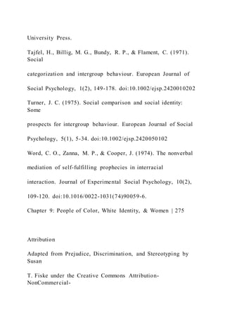 University Press.
Tajfel, H., Billig, M. G., Bundy, R. P., & Flament, C. (1971).
Social
categorization and intergroup behaviour. European Journal of
Social Psychology, 1(2), 149-178. doi:10.1002/ejsp.2420010202
Turner, J. C. (1975). Social comparison and social identity:
Some
prospects for intergroup behaviour. European Journal of Social
Psychology, 5(1), 5-34. doi:10.1002/ejsp.2420050102
Word, C. O., Zanna, M. P., & Cooper, J. (1974). The nonverbal
mediation of self-fulfilling prophecies in interracial
interaction. Journal of Experimental Social Psychology, 10(2),
109-120. doi:10.1016/0022-1031(74)90059-6.
Chapter 9: People of Color, White Identity, & Women | 275
Attribution
Adapted from Prejudice, Discrimination, and Stereotyping by
Susan
T. Fiske under the Creative Commons Attribution-
NonCommercial-
 