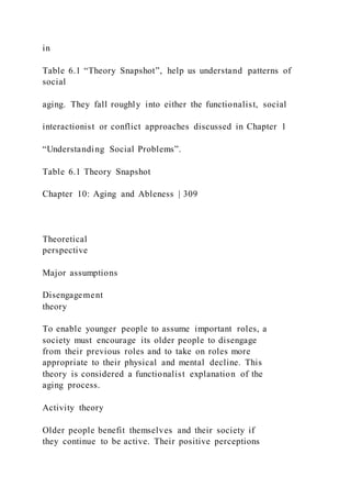 in
Table 6.1 “Theory Snapshot”, help us understand patterns of
social
aging. They fall roughly into either the functionalist, social
interactionist or conflict approaches discussed in Chapter 1
“Understanding Social Problems”.
Table 6.1 Theory Snapshot
Chapter 10: Aging and Ableness | 309
Theoretical
perspective
Major assumptions
Disengagement
theory
To enable younger people to assume important roles, a
society must encourage its older people to disengage
from their previous roles and to take on roles more
appropriate to their physical and mental decline. This
theory is considered a functionalist explanation of the
aging process.
Activity theory
Older people benefit themselves and their society if
they continue to be active. Their positive perceptions
 
