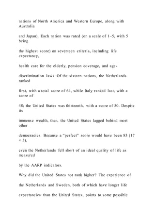 nations of North America and Western Europe, along with
Australia
and Japan). Each nation was rated (on a scale of 1–5, with 5
being
the highest score) on seventeen criteria, including life
expectancy,
health care for the elderly, pension coverage, and age-
discrimination laws. Of the sixteen nations, the Netherlands
ranked
first, with a total score of 64, while Italy ranked last, with a
score of
48; the United States was thirteenth, with a score of 50. Despite
its
immense wealth, then, the United States lagged behind most
other
democracies. Because a “perfect” score would have been 85 (17
× 5),
even the Netherlands fell short of an ideal quality of life as
measured
by the AARP indicators.
Why did the United States not rank higher? The experience of
the Netherlands and Sweden, both of which have longer life
expectancies than the United States, points to some possible
 