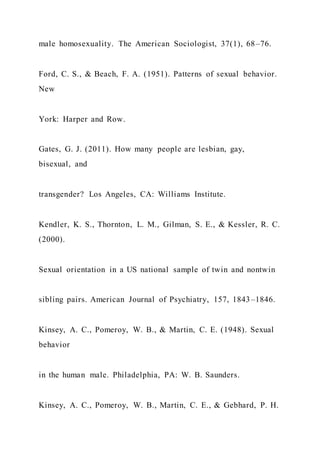 male homosexuality. The American Sociologist, 37(1), 68–76.
Ford, C. S., & Beach, F. A. (1951). Patterns of sexual behavior.
New
York: Harper and Row.
Gates, G. J. (2011). How many people are lesbian, gay,
bisexual, and
transgender? Los Angeles, CA: Williams Institute.
Kendler, K. S., Thornton, L. M., Gilman, S. E., & Kessler, R. C.
(2000).
Sexual orientation in a US national sample of twin and nontwin
sibling pairs. American Journal of Psychiatry, 157, 1843–1846.
Kinsey, A. C., Pomeroy, W. B., & Martin, C. E. (1948). Sexual
behavior
in the human male. Philadelphia, PA: W. B. Saunders.
Kinsey, A. C., Pomeroy, W. B., Martin, C. E., & Gebhard, P. H.
 