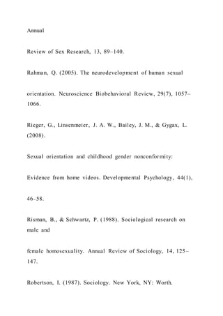 Annual
Review of Sex Research, 13, 89–140.
Rahman, Q. (2005). The neurodevelopment of human sexual
orientation. Neuroscience Biobehavioral Review, 29(7), 1057–
1066.
Rieger, G., Linsenmeier, J. A. W., Bailey, J. M., & Gygax, L.
(2008).
Sexual orientation and childhood gender nonconformity:
Evidence from home videos. Developmental Psychology, 44(1),
46–58.
Risman, B., & Schwartz, P. (1988). Sociological research on
male and
female homosexuality. Annual Review of Sociology, 14, 125–
147.
Robertson, I. (1987). Sociology. New York, NY: Worth.
 
