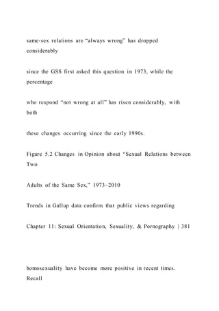same-sex relations are “always wrong” has dropped
considerably
since the GSS first asked this question in 1973, while the
percentage
who respond “not wrong at all” has risen considerably, with
both
these changes occurring since the early 1990s.
Figure 5.2 Changes in Opinion about “Sexual Relations between
Two
Adults of the Same Sex,” 1973–2010
Trends in Gallup data confirm that public views regarding
Chapter 11: Sexual Orientation, Sexuality, & Pornography | 381
homosexuality have become more positive in recent times.
Recall
 