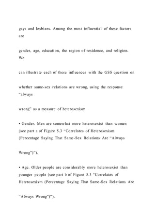 gays and lesbians. Among the most influential of these factors
are
gender, age, education, the region of residence, and religion.
We
can illustrate each of these influences with the GSS question on
whether same-sex relations are wrong, using the response
“always
wrong” as a measure of heterosexism.
• Gender. Men are somewhat more heterosexist than women
(see part a of Figure 5.3 “Correlates of Heterosexism
(Percentage Saying That Same-Sex Relations Are “Always
Wrong”)”).
• Age. Older people are considerably more heterosexist than
younger people (see part b of Figure 5.3 “Correlates of
Heterosexism (Percentage Saying That Same-Sex Relations Are
“Always Wrong”)”).
 