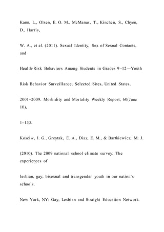 Kann, L., Olsen, E. O. M., McManus, T., Kinchen, S., Chyen,
D., Harris,
W. A., et al. (2011). Sexual Identity, Sex of Sexual Contacts,
and
Health-Risk Behaviors Among Students in Grades 9–12—Youth
Risk Behavior Surveillance, Selected Sites, United States,
2001–2009. Morbidity and Mortality Weekly Report, 60(June
10),
1–133.
Kosciw, J. G., Greytak, E. A., Diaz, E. M., & Bartkiewicz, M. J.
(2010). The 2009 national school climate survey: The
experiences of
lesbian, gay, bisexual and transgender youth in our nation’s
schools.
New York, NY: Gay, Lesbian and Straight Education Network.
 