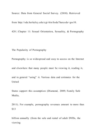 Source: Data from General Social Survey. (2010). Retri eved
from http://sda.berkeley.edu/cgi-bin/hsda?harcsda+gss10.
428 | Chapter 11: Sexual Orientation, Sexuality, & Pornography
The Popularity of Pornography
Pornography is so widespread and easy to access on the Internet
and elsewhere that many people must be viewing it, reading it,
and in general “using” it. Various data and estimates for the
United
States support this assumption (Diamond, 2009; Family Safe
Media,
2011). For example, pornography revenues amount to more than
$13
billion annually (from the sale and rental of adult DVDs, the
viewing
 