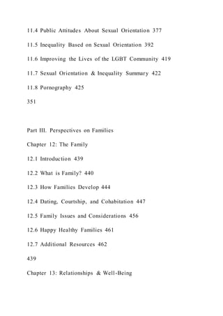 11.4 Public Attitudes About Sexual Orientation 377
11.5 Inequality Based on Sexual Orientation 392
11.6 Improving the Lives of the LGBT Community 419
11.7 Sexual Orientation & Inequality Summary 422
11.8 Pornography 425
351
Part III. Perspectives on Families
Chapter 12: The Family
12.1 Introduction 439
12.2 What is Family? 440
12.3 How Families Develop 444
12.4 Dating, Courtship, and Cohabitation 447
12.5 Family Issues and Considerations 456
12.6 Happy Healthy Families 461
12.7 Additional Resources 462
439
Chapter 13: Relationships & Well-Being
 