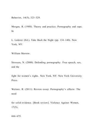 Behavior, 14(5), 323–329.
Morgan, R. (1980). Theory and practice: Pornography and rape.
In
L. Lederer (Ed.), Take Back the Night (pp. 134–140). New
York, NY:
William Morrow.
Strossen, N. (2000). Defending pornography: Free speech, sex,
and the
fight for women’s rights. New York, NY: New York University
Press.
Weitzer, R. (2011). Review essay: Pornography’s effects: The
need
for solid evidence. [Book review]. Violence Against Women,
17(5),
666–675.
 