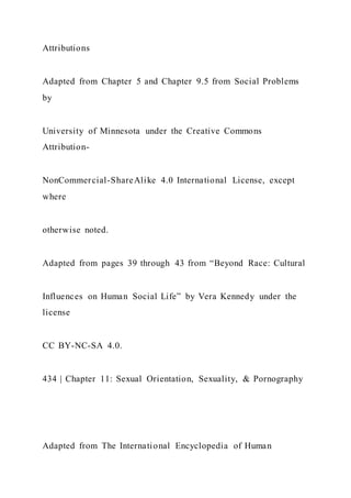 Attributions
Adapted from Chapter 5 and Chapter 9.5 from Social Problems
by
University of Minnesota under the Creative Commons
Attribution-
NonCommercial-ShareAlike 4.0 International License, except
where
otherwise noted.
Adapted from pages 39 through 43 from “Beyond Race: Cultural
Influences on Human Social Life” by Vera Kennedy under the
license
CC BY-NC-SA 4.0.
434 | Chapter 11: Sexual Orientation, Sexuality, & Pornography
Adapted from The International Encyclopedia of Human
 