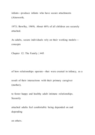 infants—produce infants who have secure attachments
(Ainsworth,
1973; Bowlby, 1969). About 60% of all children are securely
attached.
As adults, secure individuals rely on their working models—
concepts
Chapter 12: The Family | 445
of how relationships operate—that were created in infancy, as a
result of their interactions with their primary caregiver
(mother),
to foster happy and healthy adult intimate relationships.
Securely
attached adults feel comfortable being depended on and
depending
on others.
 