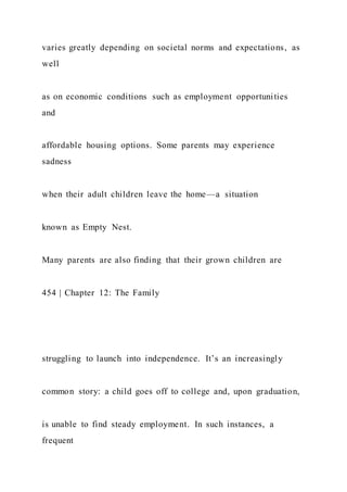 varies greatly depending on societal norms and expectations, as
well
as on economic conditions such as employment opportunities
and
affordable housing options. Some parents may experience
sadness
when their adult children leave the home—a situation
known as Empty Nest.
Many parents are also finding that their grown children are
454 | Chapter 12: The Family
struggling to launch into independence. It’s an increasingly
common story: a child goes off to college and, upon graduation,
is unable to find steady employment. In such instances, a
frequent
 