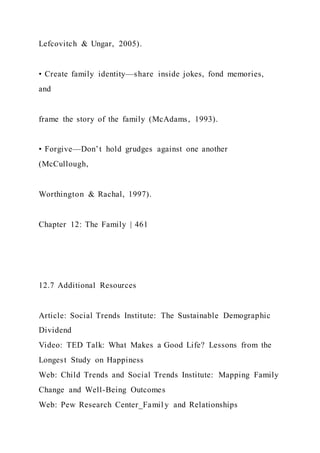 Lefcovitch & Ungar, 2005).
• Create family identity—share inside jokes, fond memories,
and
frame the story of the family (McAdams, 1993).
• Forgive—Don’t hold grudges against one another
(McCullough,
Worthington & Rachal, 1997).
Chapter 12: The Family | 461
12.7 Additional Resources
Article: Social Trends Institute: The Sustainable Demographic
Dividend
Video: TED Talk: What Makes a Good Life? Lessons from the
Longest Study on Happiness
Web: Child Trends and Social Trends Institute: Mapping Family
Change and Well-Being Outcomes
Web: Pew Research Center_Famil y and Relationships
 