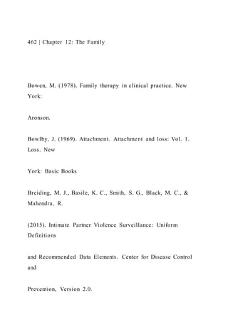 462 | Chapter 12: The Family
Bowen, M. (1978). Family therapy in clinical practice. New
York:
Aronson.
Bowlby, J. (1969). Attachment. Attachment and loss: Vol. 1.
Loss. New
York: Basic Books
Breiding, M. J., Basile, K. C., Smith, S. G., Black, M. C., &
Mahendra, R.
(2015). Intimate Partner Violence Surveillance: Uniform
Definitions
and Recommended Data Elements. Center for Disease Control
and
Prevention, Version 2.0.
 