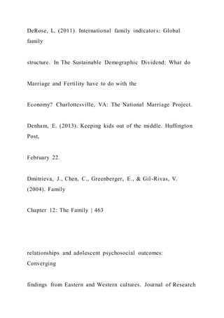 DeRose, L. (2011). International family indicators: Global
family
structure. In The Sustainable Demographic Dividend: What do
Marriage and Fertility have to do with the
Economy? Charlottesville, VA: The National Marriage Project.
Denham, E. (2013). Keeping kids out of the middle. Huffington
Post,
February 22.
Dmitrieva, J., Chen, C., Greenberger, E., & Gil-Rivas, V.
(2004). Family
Chapter 12: The Family | 463
relationships and adolescent psychosocial outcomes:
Converging
findings from Eastern and Western cultures. Journal of Research
 