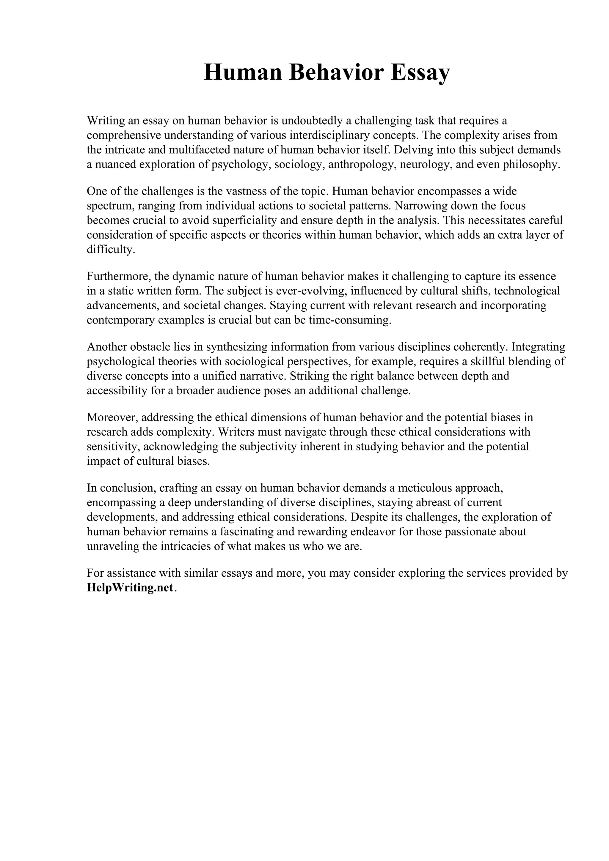 Human Behavior Essay. California Miramar University | PDF