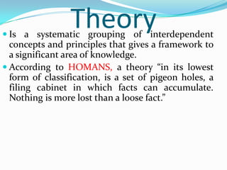 Theory
 Is a systematic grouping of interdependent
  concepts and principles that gives a framework to
  a significant area of knowledge.
 According to HOMANS, a theory “in its lowest
  form of classification, is a set of pigeon holes, a
  filing cabinet in which facts can accumulate.
  Nothing is more lost than a loose fact.”
 