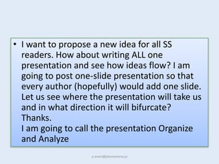 • I want to propose a new idea for all SS
  readers. How about writing ALL one
  presentation and see how ideas flow? I am...