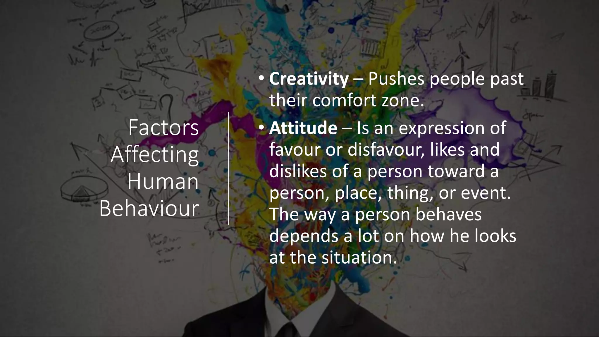 Factors
Affecting
Human
Behaviour
• Creativity – Pushes people past
their comfort zone.
• Attitude – Is an expression of
favour or disfavour, likes and
dislikes of a person toward a
person, place, thing, or event.
The way a person behaves
depends a lot on how he looks
at the situation.
 