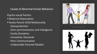 Causes of Abnormal Human Behaviour
Psycho-social Factors
▪ Maternal Deprivation
▪ Faulty Parent-Child Relationship
- Overprotection
- Over permissiveness and Indulgence
- Faulty Discipline
- Unrealistic Demands
- Poor Communication
- Undesirable Parental Models
 