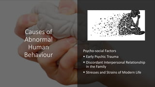 Causes of
Abnormal
Human
Behaviour
Psycho-social Factors
▪ Early Psychic Trauma
▪ Discordant Interpersonal Relationship
in the Family
▪ Stresses and Strains of Modern Life
 