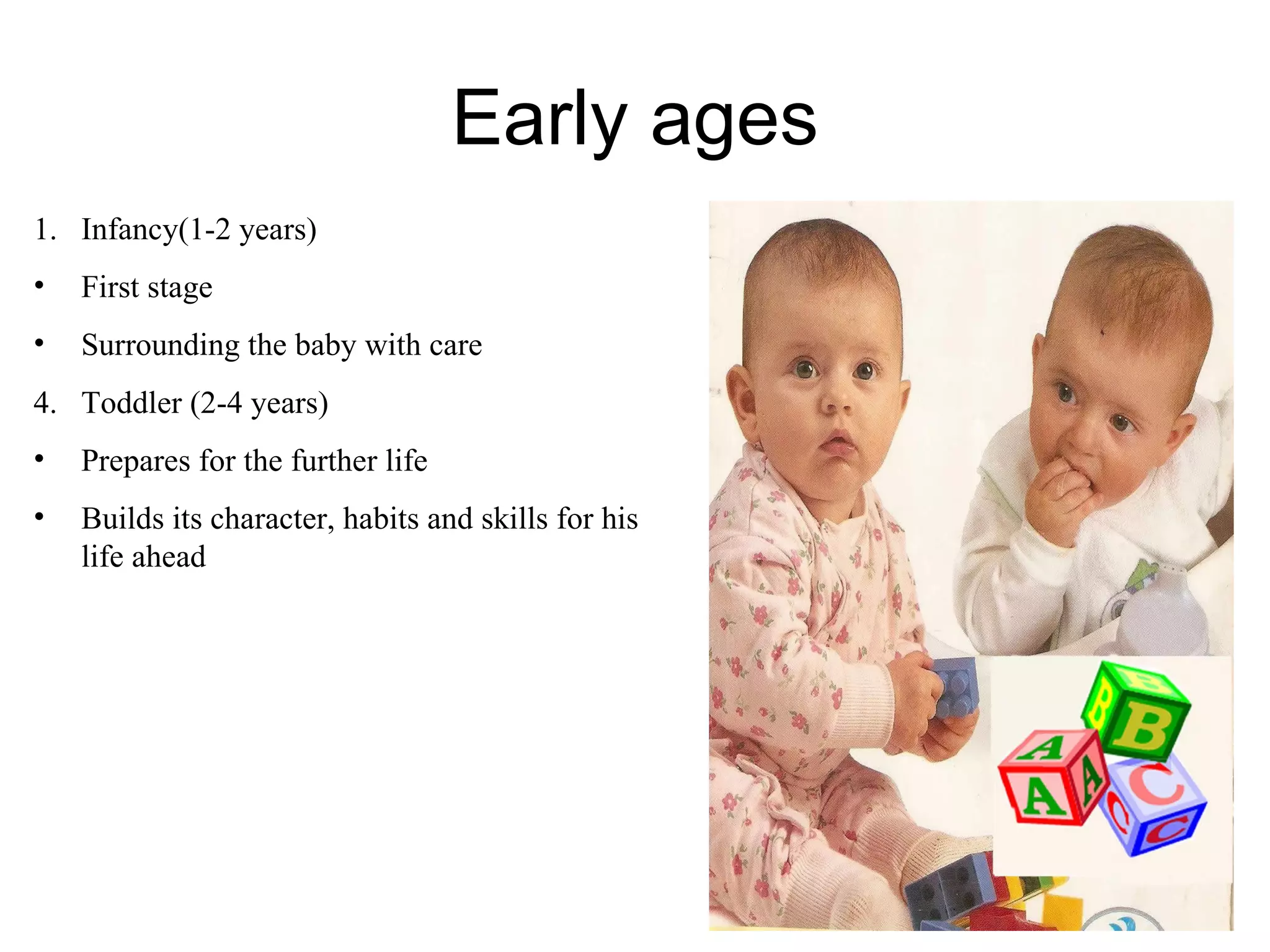 Early ages Infancy(1-2 years) First stage Surrounding the baby with care Toddler (2-4 years) Prepares for the further life Builds its character, habits and skills for his life ahead 