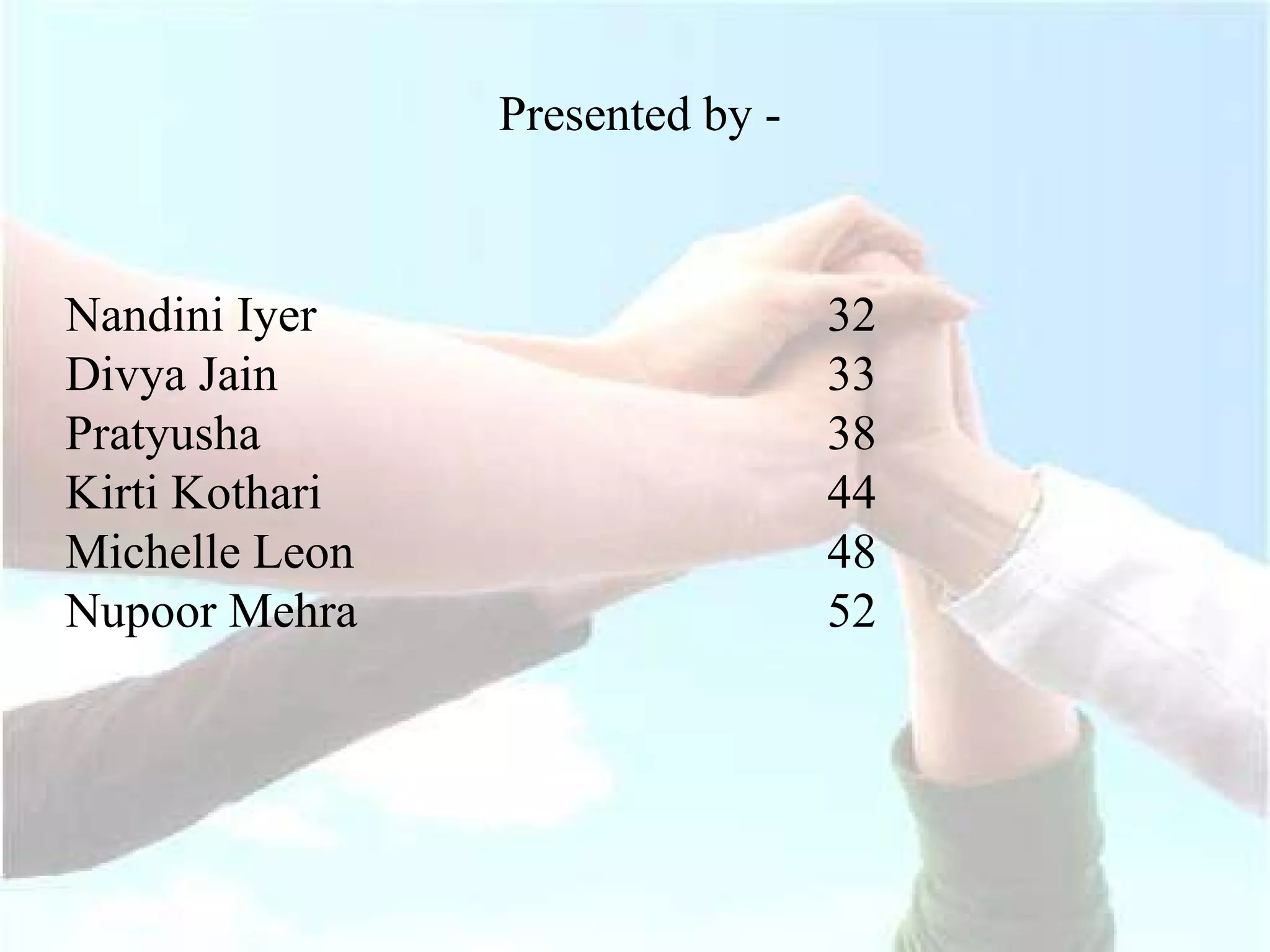 Presented by - Nandini Iyer 32 Divya Jain  33 Pratyusha  38 Kirti Kothari 44 Michelle Leon  48 Nupoor Mehra 52  