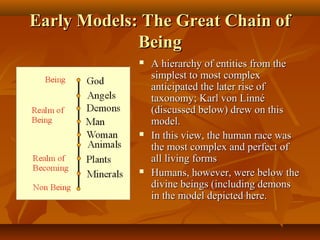 Early Models: The Great Chain of
Being






A hierarchy of entities from the
simplest to most complex
anticipated the later rise of
taxonomy; Karl von Linné
(discussed below) drew on this
model.
In this view, the human race was
the most complex and perfect of
all living forms
Humans, however, were below the
divine beings (including demons
in the model depicted here.

 