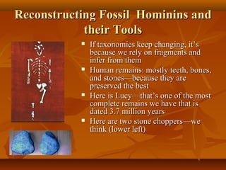 Reconstructing Fossil Hominins and
their Tools








If taxonomies keep changing, it’s
because we rely on fragments and
infer from them
Human remains: mostly teeth, bones,
and stones—because they are
preserved the best
Here is Lucy—that’s one of the most
complete remains we have that is
dated 3.7 million years
Here are two stone choppers—we
think (lower left)

 