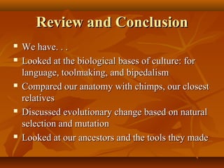 Review and Conclusion









We have. . .
Looked at the biological bases of culture: for
language, toolmaking, and bipedalism
Compared our anatomy with chimps, our closest
relatives
Discussed evolutionary change based on natural
selection and mutation
Looked at our ancestors and the tools they made

 