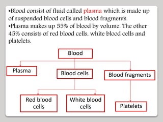 •Blood consist of fluid called plasma which is made up
of suspended blood cells and blood fragments.
•Plasma makes up 55% of blood by volume. The other
45% consists of red blood cells, white blood cells and
platelets.
Blood
Plasma Blood cells Blood fragments
Red blood
cells
White blood
cells Platelets
 