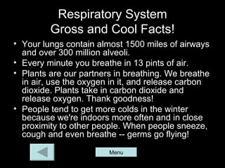 Respiratory System
         Gross and Cool Facts!
• Your lungs contain almost 1500 miles of airways
  and over 300 million alveoli.
• Every minute you breathe in 13 pints of air.
• Plants are our partners in breathing. We breathe
  in air, use the oxygen in it, and release carbon
  dioxide. Plants take in carbon dioxide and
  release oxygen. Thank goodness!
• People tend to get more colds in the winter
  because we're indoors more often and in close
  proximity to other people. When people sneeze,
  cough and even breathe -- germs go flying!
                        Menu
 