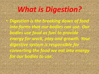 What is Digestion?
• Digestion is the breaking down of food
  into forms that our bodies can use. Our
  bodies use food as fuel to provide
  energy for work, play and growth. Your
  digestive system is responsible for
  converting the food we eat into energy
  for our bodies to use.
 