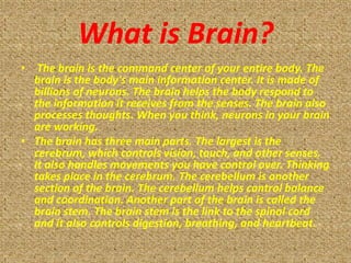 What is Brain?
• The brain is the command center of your entire body. The
  brain is the body's main information center. It is made of
  billions of neurons. The brain helps the body respond to
  the information it receives from the senses. The brain also
  processes thoughts. When you think, neurons in your brain
  are working.
• The brain has three main parts. The largest is the
  cerebrum, which controls vision, touch, and other senses.
  It also handles movements you have control over. Thinking
  takes place in the cerebrum. The cerebellum is another
  section of the brain. The cerebellum helps control balance
  and coordination. Another part of the brain is called the
  brain stem. The brain stem is the link to the spinal cord
  and it also controls digestion, breathing, and heartbeat.
 