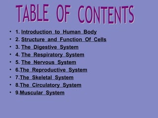 • 1. Introduction to Human Body
• 2. Structure and Function Of Cells
• 3. The Digestive System
• 4. The Respiratory System
• 5. The Nervous System
• 6.The Reproductive System
• 7.The Skeletal System
• 8.The Circulatory System
• 9.Muscular System
 