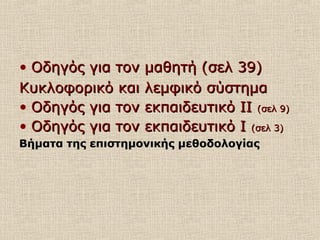 • Οδηγός για τον μαθητή (σελ 39)Οδηγός για τον μαθητή (σελ 39)
Κυκλοφορικό και λεμφικό σύστημαΚυκλοφορικό και λεμφικό σύστημα
• Οδηγός για τον εκπαιδευτικό ΙΙΟδηγός για τον εκπαιδευτικό ΙΙ (σελ 9)(σελ 9)
• Οδηγός για τον εκπαιδευτικό ΙΟδηγός για τον εκπαιδευτικό Ι (σελ 3)(σελ 3)
Βήματα της επιστημονικής μεθοδολογίαςΒήματα της επιστημονικής μεθοδολογίας
 