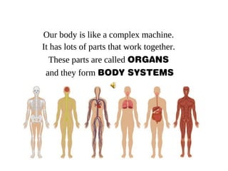 Our body is like a complex machine.
It has lots of parts that work together.
These parts are called ORGANS
and they form B...