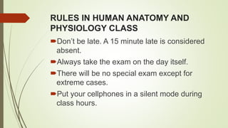 RULES IN HUMAN ANATOMY AND
PHYSIOLOGY CLASS
Don’t be late. A 15 minute late is considered
absent.
Always take the exam on the day itself.
There will be no special exam except for
extreme cases.
Put your cellphones in a silent mode during
class hours.
 