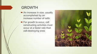 GROWTH
 An increase in size, usually
accomplished by an
increase number of cells
 For growth to occur, cell
constructing activities must
occur at a faster rate than
cell-destroying ones
 