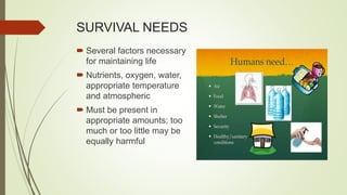 SURVIVAL NEEDS
 Several factors necessary
for maintaining life
 Nutrients, oxygen, water,
appropriate temperature
and atmospheric
 Must be present in
appropriate amounts; too
much or too little may be
equally harmful
 