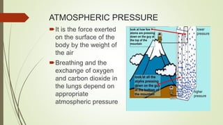 ATMOSPHERIC PRESSURE
It is the force exerted
on the surface of the
body by the weight of
the air
Breathing and the
exchange of oxygen
and carbon dioxide in
the lungs depend on
appropriate
atmospheric pressure
 