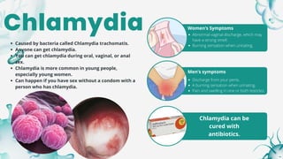 Caused by bacteria called Chlamydia trachomatis.
Anyone can get chlamydia.
You can get chlamydia during oral, vaginal, or anal
sex.
Chlamydia is more common in young people,
especially young women.
Can happen if you have sex without a condom with a
person who has chlamydia.
Discharge from your penis.
A burning sensation when urinating.
Pain and swelling in one or both testicles.
Women’s Symptoms
Abnormal vaginal discharge, which may
have a strong smell.
Burning sensation when urinating.
Men’s symptoms
Chlamydia
Chlamydia can be
cured with
antibiotics.
 