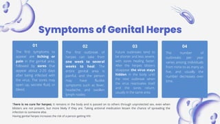 Symptoms of Genital Herpes
The first symptoms to
appear are itching or
pain in the genital area,
followed by sores that
appear about 2-20 days
after being infected with
the virus. The sores may
open up, secrete fluid, or
bleed.
01
The first outbreak of
herpes can take from
one week to several
weeks to heal. The
entire genital area is
painful, and the person
may have flu-like
symptoms such as fever,
headache, and swollen
lymph nodes.
02
Future outbreaks tend to
be shorter and less severe,
with sores healing faster.
After the herpes blisters
disappear the virus stays
hidden in the body until
the next outbreak when
the virus reactivates itself
and the sores return,
usually in the same area.
03
The number of
outbreaks per year
varies among individuals
from none to as many as
five, and usually the
number decreases over
time.
04
There is no cure for herpes; it remains in the body and is passed on to others through unprotected sex, even when
blisters are not present, but more likely if they are. Taking antiviral medication lessen the chance of spreading the
infection to someone else.
Having genital herpes increases the risk of a person getting HIV.
 