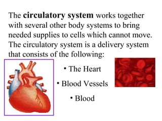 The circulatory system works together 
with several other body systems to bring 
needed supplies to cells which cannot move. 
The circulatory system is a delivery system 
that consists of the following: 
• The Heart 
• Blood Vessels 
• Blood 
 