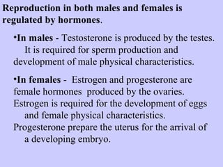 Reproduction in both males and females is 
regulated by hormones. 
•In males - Testosterone is produced by the testes. 
It is required for sperm production and 
development of male physical characteristics. 
•In females - Estrogen and progesterone are 
female hormones produced by the ovaries. 
Estrogen is required for the development of eggs 
and female physical characteristics. 
Progesterone prepare the uterus for the arrival of 
a developing embryo. 
 